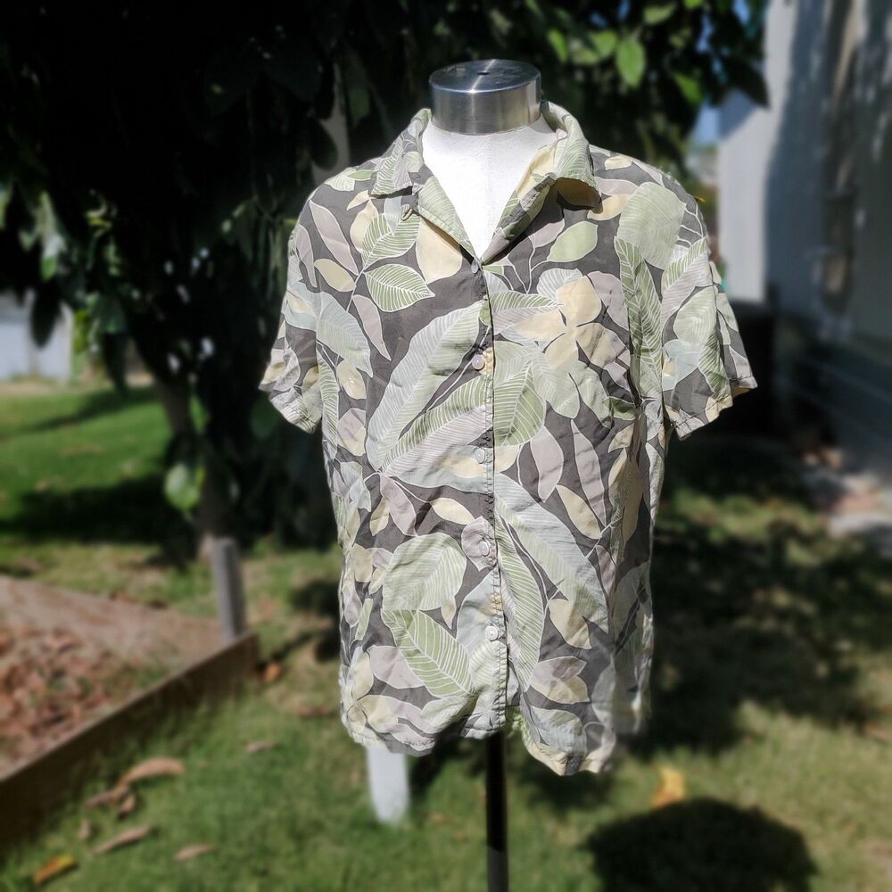Linden Hill Silk Hawaii Style Floral Leaf Aloha Top Shirt Green Yellow Size M